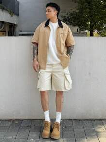 DAZY 男士休闲撞色卡其黑短袖衬衫，夏季商务装 - 卡其色 - 查看 5