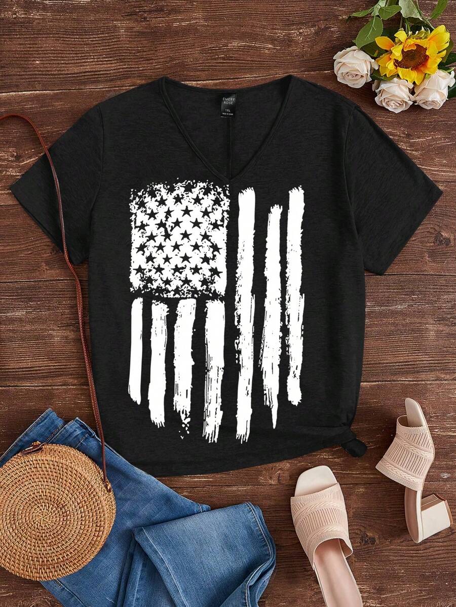 EMERY ROSE 休闲国旗印花 V 领短袖修身 T 恤，加大码，夏季套头衫