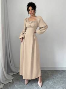 Modelyn 女士优雅长裙，方领，灯笼袖，褶皱，后系带，纯色，适合秋季长款女装