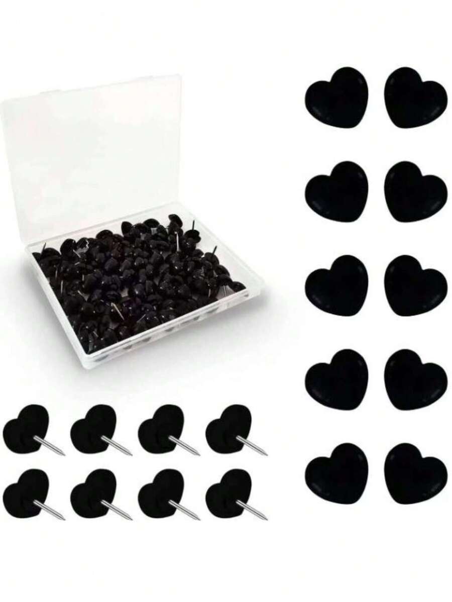 50pcs Plastic Love Thumbtack Shape Tack Binding Board Wall Nail Poster Photo Etc.,Back To School,School Supplies - Black - View 1