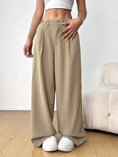 SHEIN EZwear Women Casual Commuting Solid Color Low-Waist Wide-Leg Pants