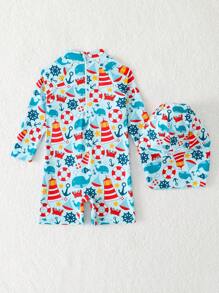 SHEIN Maillot de bain bébé garçon manche longue à imprimé mignon de bateau à voile avec chapeau de soleil, convient pour la plage, le surf, la natation, les voyages et les vacances - Multicolore - Voir 2