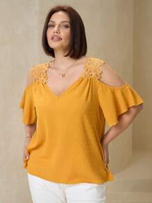 SHEIN Clasi Plus Size Women's Splice Lace Open Shoulder Ruffle Short Sleeve Elegant Blouse - Yellow - View 6