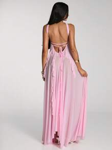 SHEIN BAE Women's Solid Color Ruffled Halter Backless Sleeveless Dress Coverup