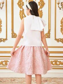 青少年女孩度假风格圆领无袖上衣和提花面料短裙两件套 - 粉色 - 查看 2