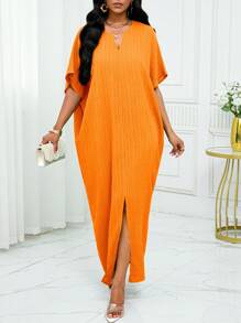 SHEIN Lady Autumn And WinterWorkGreenNotchedBatwing SleeveKaftan Dress - Orange - View 5
