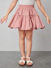 Maija Kids Maija Kids Falda de diseño de burbuja 3D estilo minimalista de remiendo para niña joven, de primavera y verano, con moño decorativo, corte evasé, elegante y casual para salidas, hogar, escuela, versátil, diseño combina con todo - Rosa vieja - Ver 2