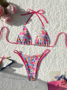 Swim Mod Springbreak 2pcs Women Beachwear Summer Outfits, New Random Ditsy Floral Spaghetti Strap Camisole And Thong Bikini Set - Multicolor - View 1