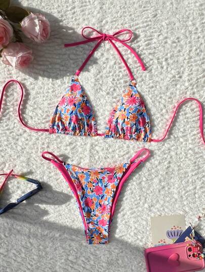 Swim Mod Springbreak 2pcs Women Beachwear Summer Outfits, New Random Ditsy Floral Spaghetti Strap Camisole And Thong Bikini Set