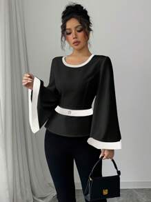 Elenzga Women's Elegant Commuting Color Block Flared Cuff Blouse