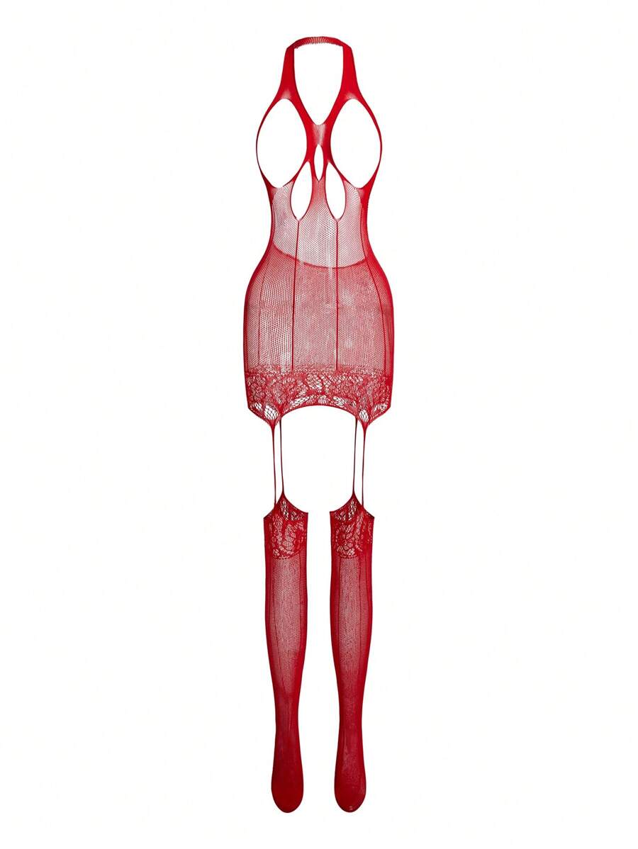 SpicyHot 镂空高弹性感睡裙娃娃装搭配过膝袜，性感女士性感睡裙娃娃装新娘外出内衣 - 酒紅色 - 查看 1