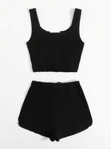 SHEIN EZwear Notch Neck Rib-knit Tank Top & Shorts Set - Black - View 2