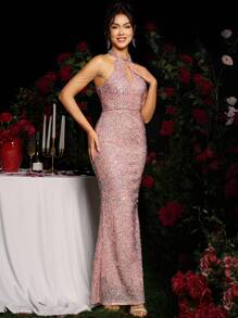 Coutiva Women Elegant Sequin And Rhinestone Chain Decorated Halter Neck Mermaid Evening Gown, Luxury Evening Long Dress, For Music Festival Spring/Summer, Party Dress, Wedding Guest Dress, Formal Dress - Baby Pink - View 5