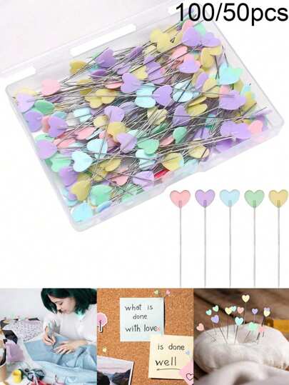 50/100 件缝纫针平头直针，随机颜色心形缝纫绣花针，DIY 缝纫用品不锈钢，彩色珍珠头棒针长 2.16 英寸缝纫针，适用于裁缝，多色直针直缝纫针工艺定位针固定缝纫标记针，适用于裁缝、工艺品、缝纫项目和 DIY 装饰（心形）