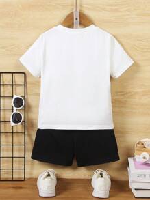 SHEIN 2 Summer Toddler Sets: 1 White Short Sleeved T-Shirt Paired With Black Sports Shorts. Suitable For Daily Wear, Vacation, School, And Sports