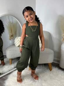 SHEIN Mono sin espalda con tirantes tipo espagueti cruzados y unicolor para niña pequeña, para Pascua