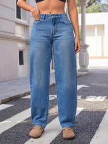 SHEIN Essnce Jeans de pierna ancha y cintura media versátiles y de moda para mujer - Lavado ligero - Ver 1