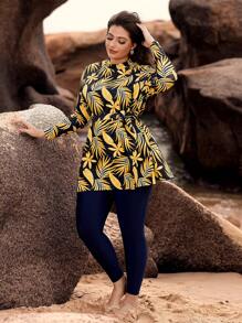 Swim Mulvari Plus Size Women   3D Leaf Print Long Sleeve Long Pants Modest Casual Vacation 2Pcs Tie-Up Swimsuit - Multicolor - View 3