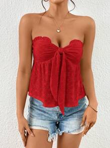 SHEIN Privé Women Vacation Distressed Embroidery Knotted Front Tube Top - Red - View 6