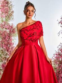 SHEIN Belle Elegant Glamorous Sequin Patchwork Satin Asymmetrical Neck Pleated A-Line Maxi Dress, Wedding Guest Dress, Suitable For Evening Parties, Galas, Dates, Formal Occasions, Party Dress, Prom Dress - Red - View 2