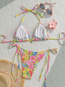 SHEIN Swim Flower Print Halter Top And Tie Side Swim Bottom 2 Pieces Bikini Set, Beach Holiday Boho Swimwear For Summer Beach Vacation - Multicolor - View 2