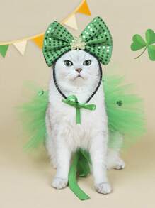 PETSIN 2pcs St. Patrick's Day Pet Bow Headband & Lace Skirt Set