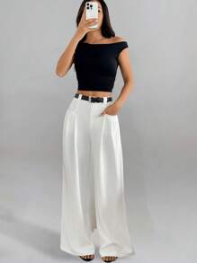 Chiquease 女士优雅休闲/办公褶皱白色长裤