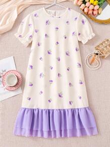 SHEIN Tween Girls Elegant Floral Print Long Nightgown, Apricot Color With Pink Lace, Fashionable Loungewear - Purple - View 1