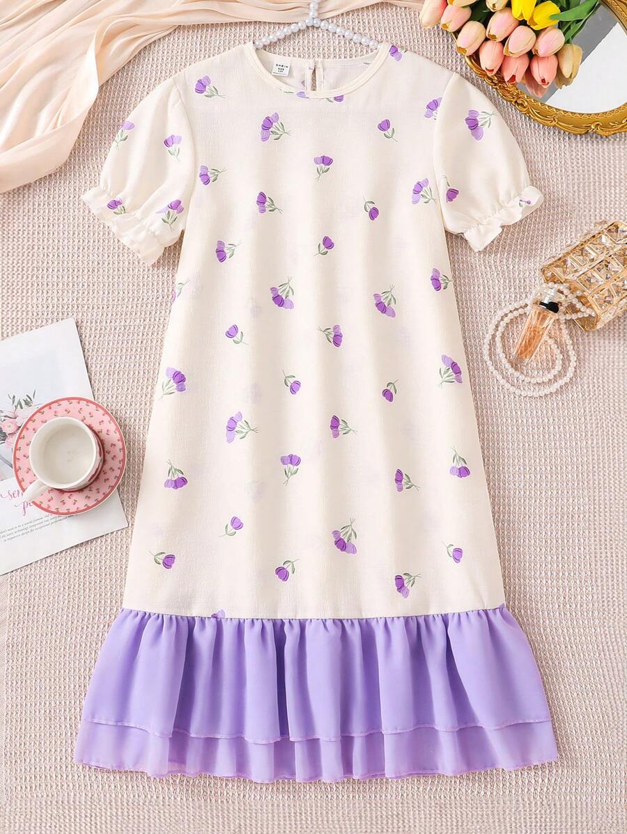 SHEIN Tween Girls Elegant Floral Print Long Nightgown, Apricot Color With Pink Lace, Fashionable Loungewear - Purple - View 1