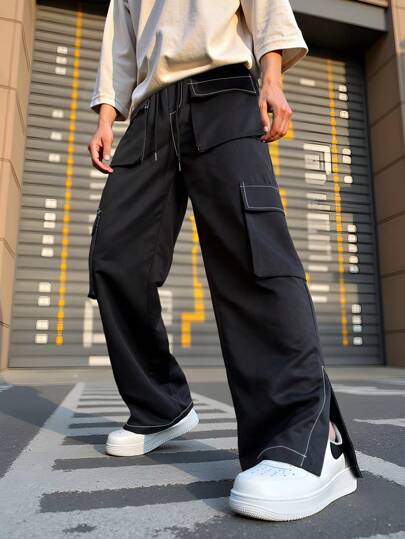 Street Life Men's Woven Casual Straight-Leg Cargo Pants, Suitable For Casual Everyday Wear