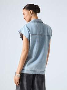 LYSMO Women's Single-Breasted Cap Sleeves Cargo Pocket Casual Loose Denim Jacket 2025 New Arrivel Summer - Blue - View 2