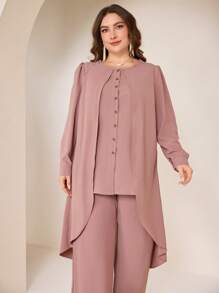 Graceveil 2 Pieces Set Elegant Crinkle Chiffon Round Neck Plus Size Fall Cloth For Women - Dusty Pink - View 3