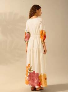 CAJUNI Women's Boho Floral Print Hollow Strap Bubble Sleeve Dress, Vacation Casual Tropical Beach Dress
