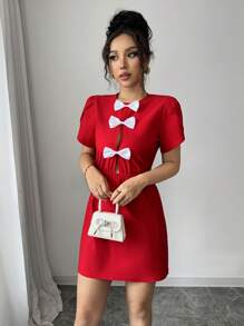 SHEIN Unity 女士优雅新款连衣裙，圆领开衩短袖可拆卸缎面蝴蝶结装饰迷你连衣裙 - 紅色 - 查看 5