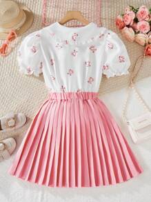 Set de 2 piezas con blusa de manga corta con estampado de oso de peluche blanco y falda pleateada rosa para niñas, estilo coreano para primavera/verano