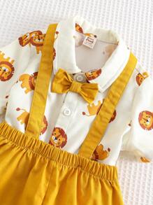 Cozy Pixies 2pcs/Set Baby Boy Cartoon Bear Pattern Lapel Short Sleeve Button-Up Shirt And Bib Shorts Outfit - Khaki - View 5