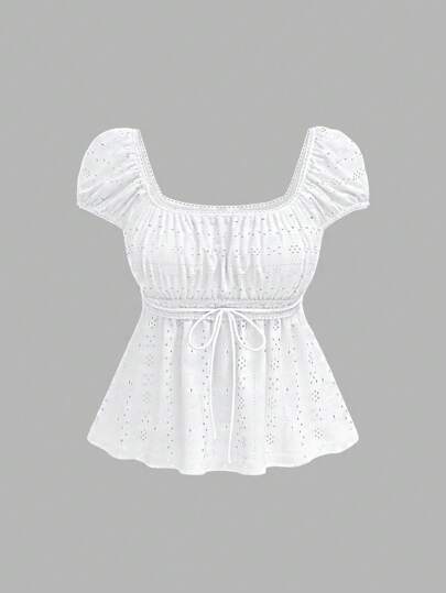 SHEIN MOD White Tee With Gathered Bust, Waistline Jacquard,Casual Tops,Babydoll Women Tee,Summer Tops Women,Cute Tops Women