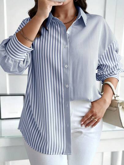 Elenzga Camisa casual de talla grande para mujer con manga larga, hombro caído y botón simple con estampado de rayas