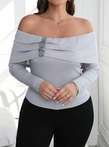 Calvaya Plus Size Women Elegant Gray Knitted Long Sleeve Off Shoulder Decorative Button Slim Fit T-Shirt - Grey - View 4