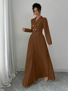 Elenzga 2 Pieces Set: Solid Color Button-Up Jacket And Wide-Leg Pleated Pants