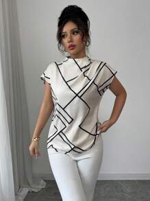 Elenzga Women's Casual Elegant Stand Collar Asymmetric Geometric Digital Print Short Sleeve Blouse, Spring/Summer