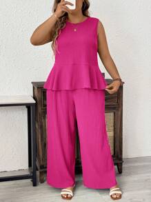 SHEIN LUNE Plus Size Women 2pcs/Set Solid Color Round Neck Ruffle Hem Sleeveless Top And Wide Leg Pants Casual Suit - Hot Pink - View 6