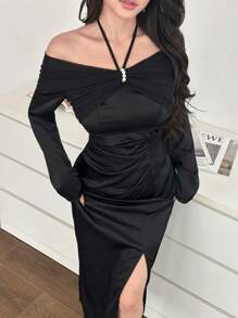 Modelyn 女士优雅派对浪漫紧身褶皱腰开衩中长连衣裙 - 黑色 - 查看 4