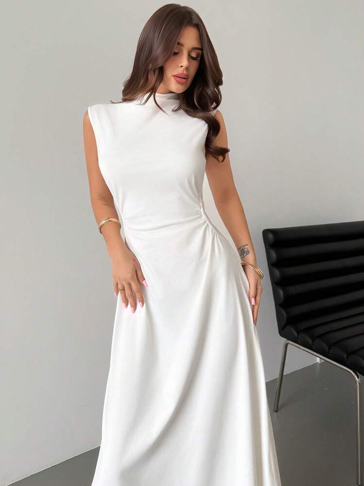 Vestido largo en línea A con cuello de pie, sin mangas y fruncido, color blanco, nuevo para el Día de San Valentín, elegante y romántico para citas y trabajo - Blanco - Añade 5