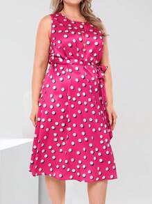 EMERY ROSE Magenta,Summer,Elegant,Wedding Guest Plus Size Sleeveless Crew Neck Polka Dot Print Dress,Women's Boho Western Holiday Outfits,Business Casual Clothes - Hot Pink - View 5