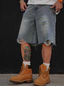 DAZY Washed Blue Ripped Denim Shorts For Men, Summer - Blue - View 5