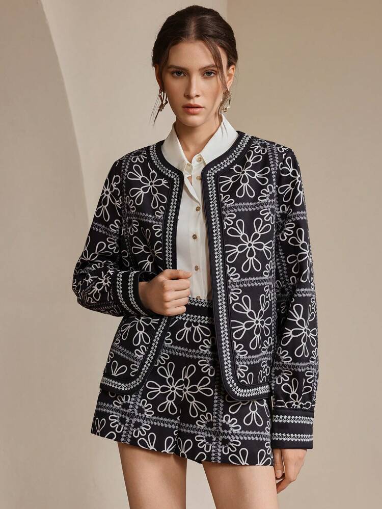 Chaqueta de bombardero negra elegante con estampado floral y bordado para mujer, atuendo versátil para festivales