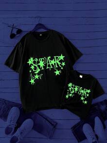 Men's Black Background Glow-In-The-Dark Starry Small Crew Neck Short Sleeve T-Shirt - Black - View 1