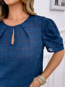 SHEIN LUNE Plus Size Vacation Casual Solid Color Textured Puff Sleeve Shirt Spring Break Boho Rave Festival Spring Break Old Money Style Women Rave Casual Elegant Floral Vacation Woman Work Office Office For Women Business Casual Woman Work Women Business Casual Blouse - Royal Blue - View 3