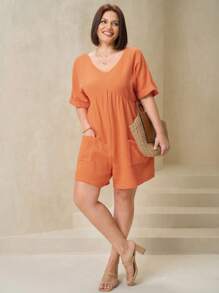 Chikora Plus Size Women V-Neck Solid Color Bat Sleeve Pocket Casual Romper - Orange - View 7